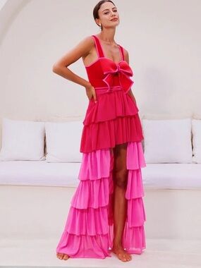 FLAXMAKER Hot Pink Red Tiered Open Split Front Swimwear Coverup Skirt Size L